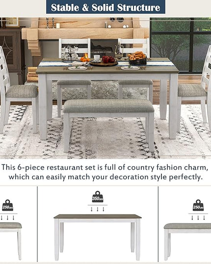 Kitchen Table and Chairs for 6, Rustic Style Dining Table Set, 6-Piece Rectangular Kitchen Table and 4 Upholstered Chairs & Bench for Dining Room, Living Room and Kitchen, Brown + Whitewash - LeafyLoom