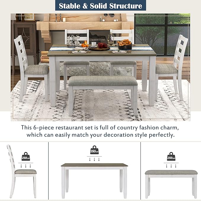 6-Piece Wooden Rectangular Dining Table Set with Bench and 4 Chairs for Kitchen Room Furniture, Rustic Style, Brown+Whitewash, 60" L x 36" W x 30" H - LeafyLoom