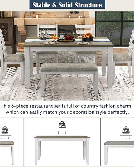 Rustic 6-Piece Dining Table Set with 4 Ergonomic Designed Upholstered Chairs and Bench for Home, Apartment, DiningRoom, Dinette, Solid Wood Kitchen Furniture, 60 inch, Brown + Whitewash - LeafyLoom