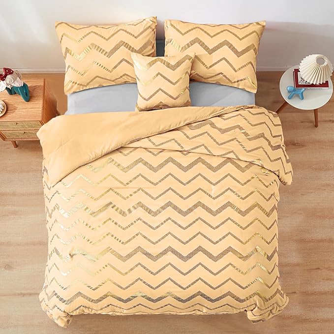 Yellow Gold Comforter Set Twin Size Metallic Bedding Set for Girls Lightweight Microfiber Comforter Set,3 Piece (1 Matching Sham + 1 Decorative Pillow) - LeafyLoom