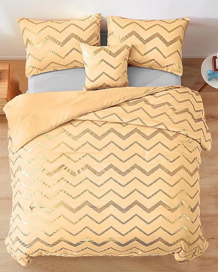 Yellow Gold Comforter Set Queen Size Metallic Bedding Set for Girls Lightweight Microfiber Comforter Set,4 Piece (2 Matching Sham + 1 Decorative Pillow) - LeafyLoom