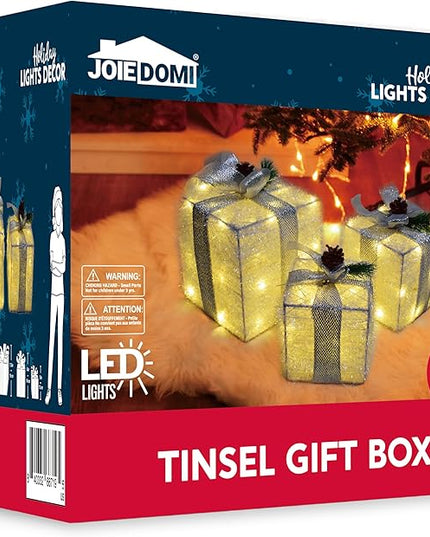 Joiedomi Christmas Lighted Gift Boxes, Christmas Decorations Set of 3, Light up Present Boxes, 60 LED Warm White Lights for Indoor Holiday Décor, Christmas Eve Night Décor Joiedomi