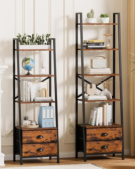 Furologee 5-Tier Ladder Shelf with 2 Drawers,Narrow Bookshelf Storage Shelves,Industrial Bookcase Freestanding Shelf Units for Bedroom,Living Room,Bathroom,Home Office,Balcony,Wood Metal,Rustic Brown - LeafyLoom