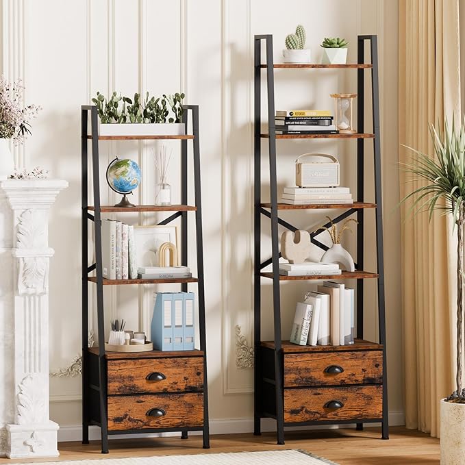Furologee 5-Tier Ladder Shelf with 2 Drawers,Narrow Bookshelf Storage Shelves,Industrial Bookcase Freestanding Shelf Units for Bedroom,Living Room,Bathroom,Home Office,Balcony,Wood Metal,Rustic Brown - LeafyLoom