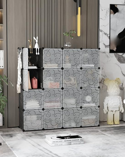 C&AHOME Cube Storage Organizer, 16-Cube Storage Shelving with Doors, Modular Book Shelf, Plastic Shelves Organizing Units, Ideal for Bedroom Living Room 48.4" L × 12.4" W × 48.4" H Black SHS3016B-DOOR - LeafyLoom