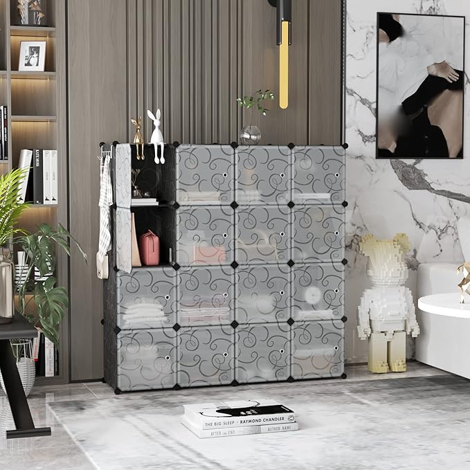 C&AHOME Cube Storage Organizer, 16-Cube Storage Shelving with Doors, Modular Book Shelf, Plastic Shelves Organizing Units, Ideal for Bedroom Living Room 48.4" L × 12.4" W × 48.4" H Black SHS3016B-DOOR - LeafyLoom