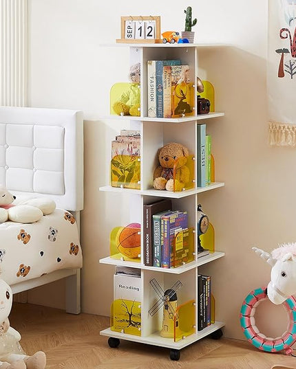 VECELO Rotating Bookshelf with Brake Wheels, 360°Display 4 Tier Floor Stackable Spinning-Bookshelf Tower for Kids&Adults, Revolving Bookcase for Small Space,Corner(White) - LeafyLoom