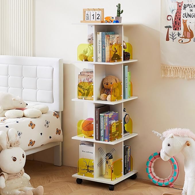 VECELO Rotating Bookshelf with Brake Wheels, 360°Display 4 Tier Floor Stackable Spinning-Bookshelf Tower for Kids&Adults, Revolving Bookcase for Small Space,Corner(White) - LeafyLoom