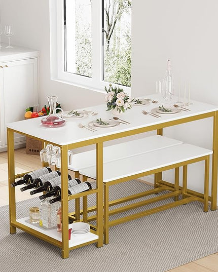 3-Piece Kitchen Table for 4, 55" Dining Table Set with 2 Benches, Dining Room Table with Metal Frame, Storage Shelf, Wine and Glass Rack, Modern (white) (White) - LeafyLoom