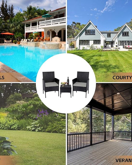 Patio Set 3 Piece Outdoor Rattan Porch Furniture with Tempered Glass Side Table & Cushion All Weather Conversation Bistro Set for Balcony,Deck,Porch (Brown/Beige) - LeafyLoom