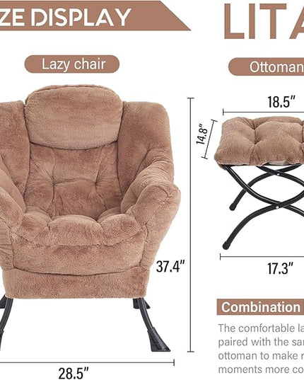 Cozy Lazy Chair and Ottoman, Large Contemporary Accent Lounge Chair Set, Leisure Upholstered Reading Armchair for Bedroom, Living Room, Dorm Rooms, Office - LeafyLoom