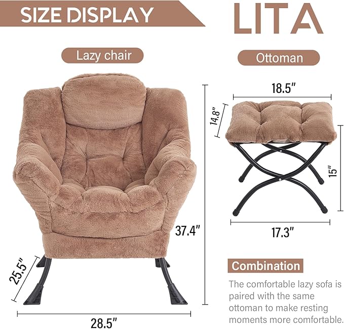 Cozy Lazy Chair and Ottoman, Large Contemporary Accent Lounge Chair Set, Leisure Upholstered Reading Armchair for Bedroom, Living Room, Dorm Rooms, Office - LeafyLoom