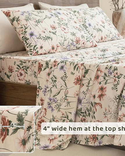 QSH Floral Egyptian Cotton Sheets Queen Size - Pink Flowers Green Leaves Pattern Printed Bedding Sheets Queen Size Bed Extra Soft and Breathable 4pcs Deep Pockets Bed Sheets - LeafyLoom