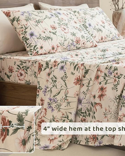 QSH Floral Egyptian Cotton Sheets King Size - Pink Flowers Green Leaves Pattern Printed Bedding King Size Bed Sheets 17.5" Extra Deep Pocket 4pcs - LeafyLoom