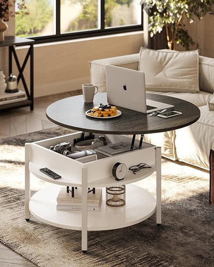 FABATO Round Lift Top Coffee Table with Storage and Hidden Compartment, 26.77'' Farmhouse Coffee Table for Living Room Reception Room, 2 Tier Small Round Coffee Table Circle Dining Table, White - LeafyLoom