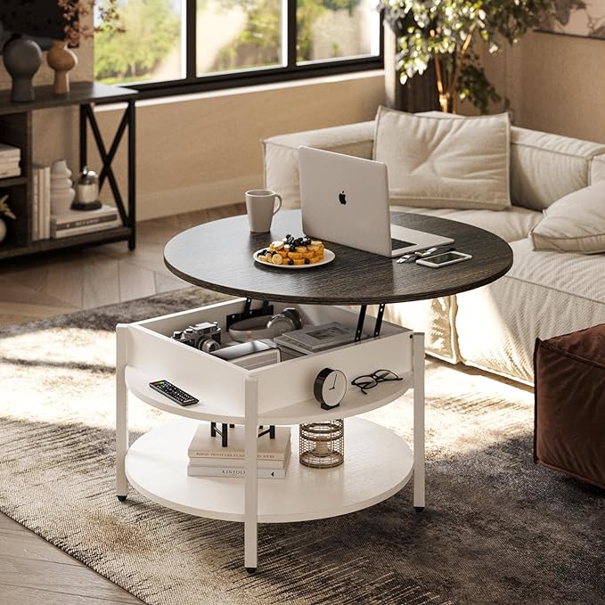 FABATO Round Lift Top Coffee Table with Storage and Hidden Compartment, 26.77'' Farmhouse Coffee Table for Living Room Reception Room, 2 Tier Small Round Coffee Table Circle Dining Table, White - LeafyLoom