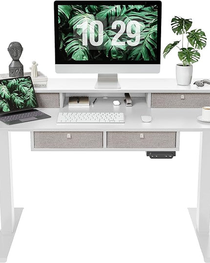 FEZIBO Sturdy Height Adjustable Electric Standing Desk with Drawers, 48 x 24 Inch Stand Up Table with Large Storage Shelf, Sit Stand Desk, White Top - LeafyLoom