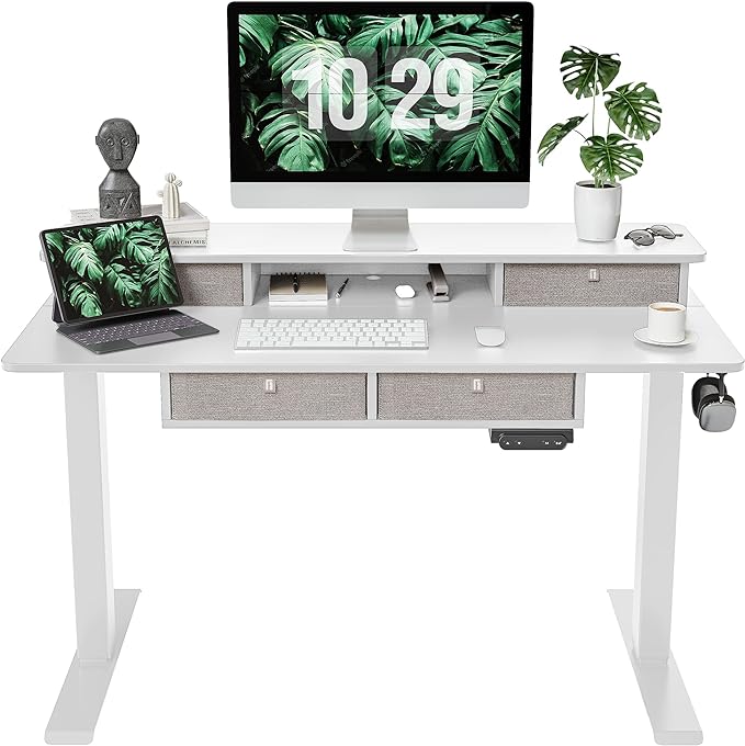 FEZIBO Sturdy Height Adjustable Electric Standing Desk with Drawers, 48 x 24 Inch Stand Up Table with Large Storage Shelf, Sit Stand Desk, White Top - LeafyLoom