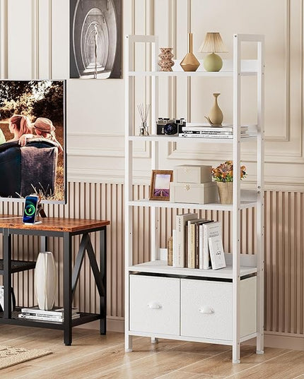 Furologee 5 Tier Bookshelf with Drawers, White Tall Bookcase with Shelves, Wood and Metal Book Shelf Storage Organizer, Modern Display Free Standing Shelf Unit for Bedroom, Living Room, Office - LeafyLoom