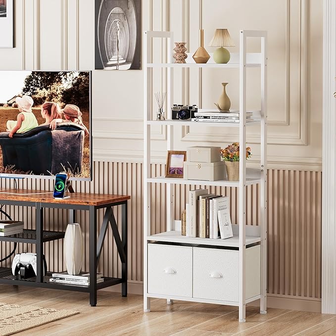 Furologee 5 Tier Bookshelf with Drawers, White Tall Bookcase with Shelves, Wood and Metal Book Shelf Storage Organizer, Modern Display Free Standing Shelf Unit for Bedroom, Living Room, Office - LeafyLoom