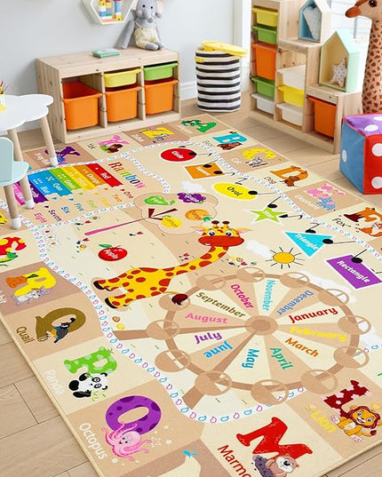 Chicrug Educational Kid Area Rug for Playroom, 4x6 Feet TPR Non Slip Kids Classroom Carpet Rug for Learning ABC Animal, Shape Color Fruit, Washable Play Mat Rug for Children Nursery Toddler Room Decor - LeafyLoom