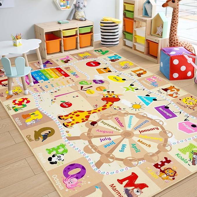 Chicrug Educational Kid Area Rug for Playroom, 4x6 Feet TPR Non Slip Kids Classroom Carpet Rug for Learning ABC Animal, Shape Color Fruit, Washable Play Mat Rug for Children Nursery Toddler Room Decor - LeafyLoom