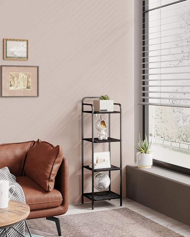 Bookcase Bookshelf, 4-Tier Narrow Book Shelf, Industrial Coner Shelf Storage Organizer, Slim Shelving Unit for Home Office, Living Room, Bedroom, Kitchen, Black BC24404B - LeafyLoom