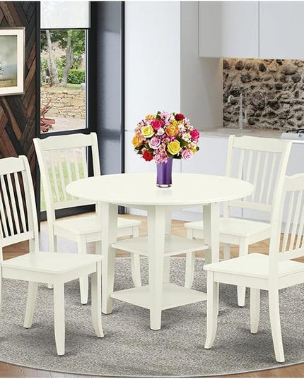 East West Furniture SUDA5-LWH-W 5 Piece Dining Room Furniture Set Includes a Round Kitchen Table with Dropleaf & Shelves and 4 Dining Chairs, 42x42 Inch, Linen White - LeafyLoom