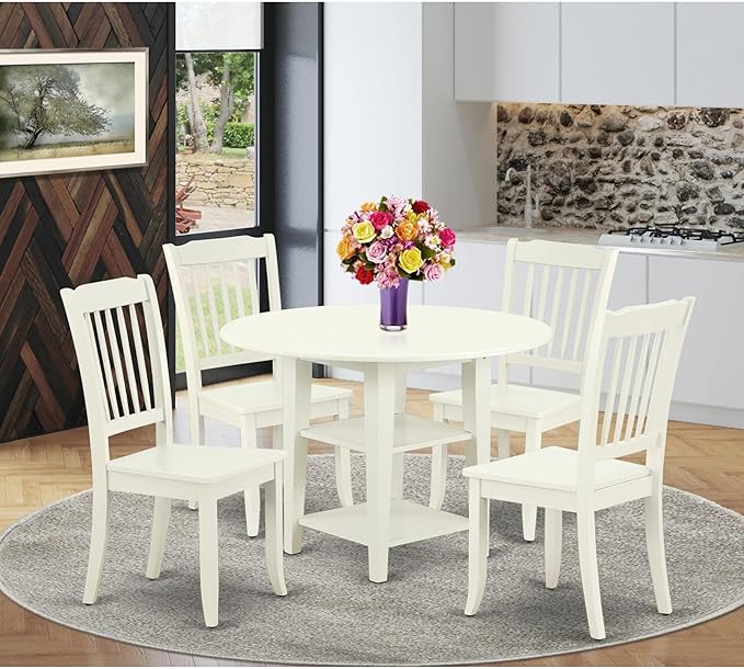 East West Furniture SUDA5-LWH-W 5 Piece Dining Room Furniture Set Includes a Round Kitchen Table with Dropleaf & Shelves and 4 Dining Chairs, 42x42 Inch, Linen White - LeafyLoom