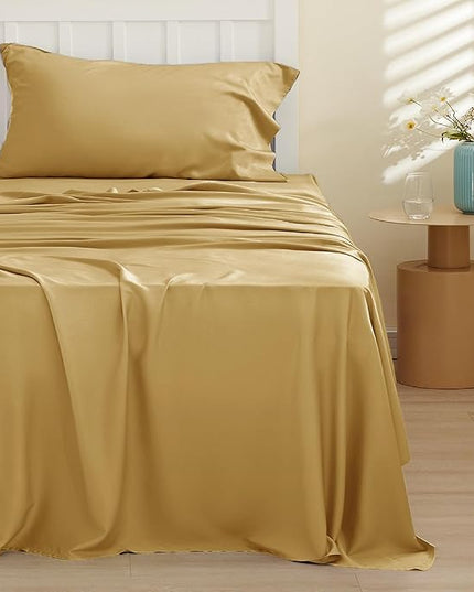 Bedsure Twin XL Sheet Set Dorm Bedding, Cooling Sheets Twin Extra Long Sheets, Rayon Derived from Bamboo, Deep Pocket Up to 16", Hotel Luxury Silky Bedding Sheets & Pillowcases, Gold - LeafyLoom