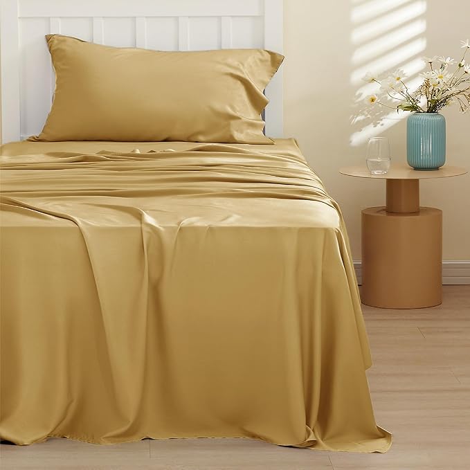 Bedsure Twin XL Sheet Set Dorm Bedding, Cooling Sheets Twin Extra Long Sheets, Rayon Derived from Bamboo, Deep Pocket Up to 16", Hotel Luxury Silky Bedding Sheets & Pillowcases, Gold - LeafyLoom
