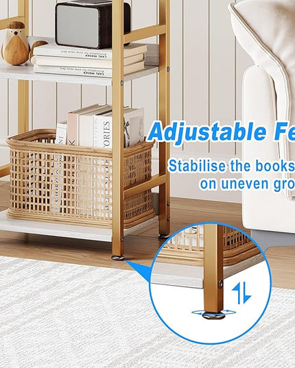 Small Bookshelf for Small Spaces, 3 Tier White and Gold Bookcase Night Stand, Narrow Gold Bedside Book Shelf, Short Bookshelf Storage Organizer for Bedroom, Living Room, Home, Office, White&Gold - LeafyLoom