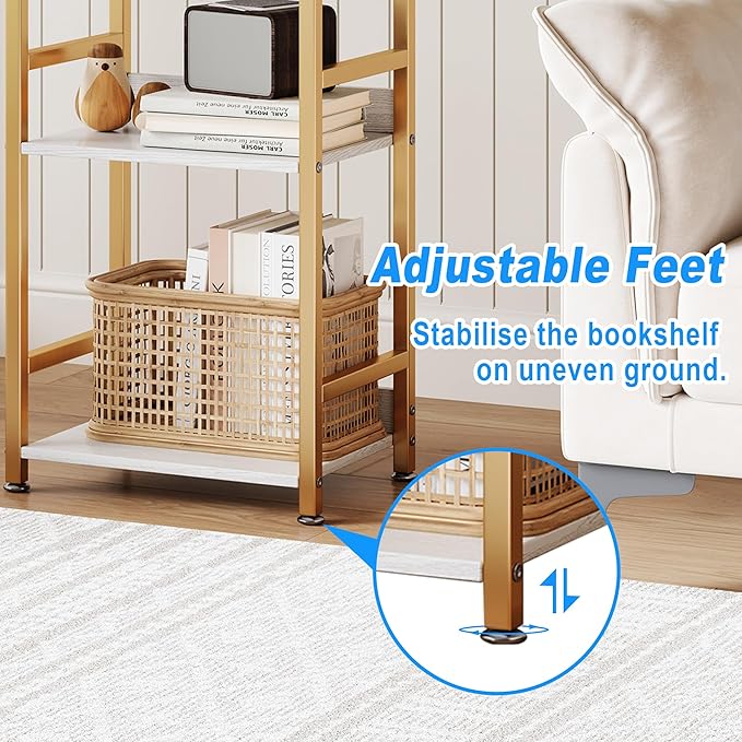 Small Bookshelf for Small Spaces, 3 Tier White and Gold Bookcase Night Stand, Narrow Gold Bedside Book Shelf, Short Bookshelf Storage Organizer for Bedroom, Living Room, Home, Office, White&Gold - LeafyLoom