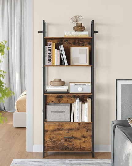 VASAGLE 5-Tier Bookshelf, Book Shelf with Drawer, Industrial Bookcase, with Steel Frame, for Living Room, Home Office, Bedroom, 9.4 x 23.6 x 65 Inches, Rustic Brown and Black ULLS147B01 - LeafyLoom