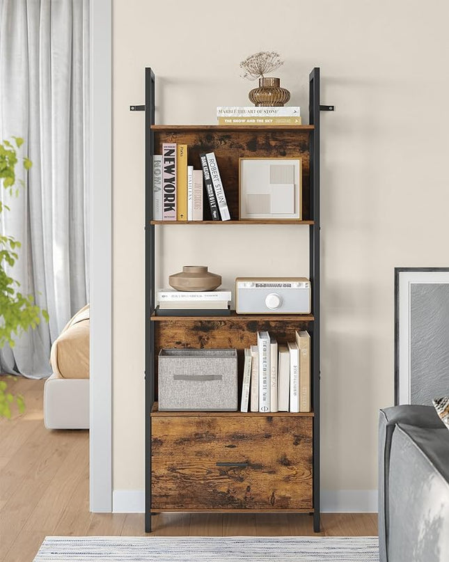 VASAGLE 5-Tier Bookshelf, Book Shelf with Drawer, Industrial Bookcase, with Steel Frame, for Living Room, Home Office, Bedroom, 9.4 x 23.6 x 65 Inches, Rustic Brown and Black ULLS147B01 - LeafyLoom