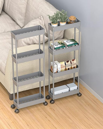 Sooyee 4 Tier Slim Storage Cart,Rolling Storage Cart,Narrow Shelf,Bathroom Rack,Mobile Shelving Unit Organizer for Kitchen, Bathroom, Laundry Room, Grey - LeafyLoom