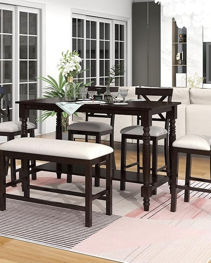 Merax 6-Piece Wooden Counter Height Rectangular Table Set with Bottom Shelf, 4 Chairs, and Padded Bench for Dining Room, Espresso(Update) - LeafyLoom