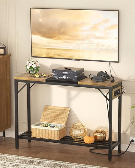 Narrow Console Table with Power Strips, Sofa Table with Storage Shelves for Living Room, 2-tier Foyer Tables for Entryway, Hallway, Behind Couch, Kitchen Counter, 39'', Rustic & Black - LeafyLoom