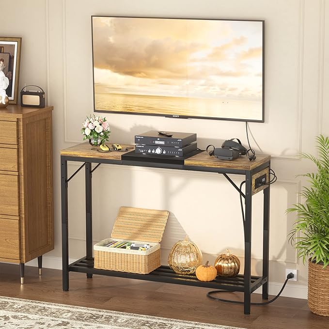 Narrow Console Table with Power Strips, Sofa Table with Storage Shelves for Living Room, 2-tier Foyer Tables for Entryway, Hallway, Behind Couch, Kitchen Counter, 39'', Rustic & Black - LeafyLoom