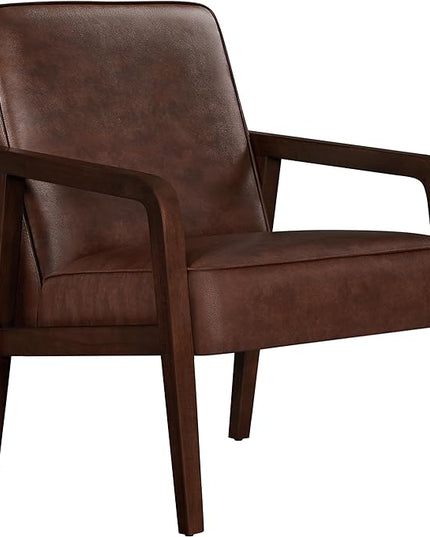 Yaheetech PU Leather Accent Chair, Mid-Century Modern Barrel Chair with Wooden Frame and Soft Thick Padded for Living Room Bedroom Home Office, Dark Brown - LeafyLoom