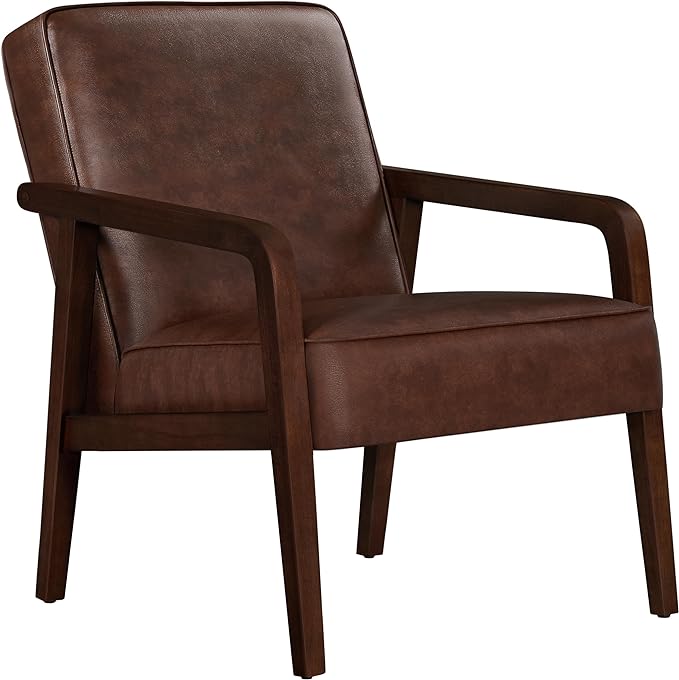 Yaheetech PU Leather Accent Chair, Mid-Century Modern Barrel Chair with Wooden Frame and Soft Thick Padded for Living Room Bedroom Home Office, Dark Brown - LeafyLoom