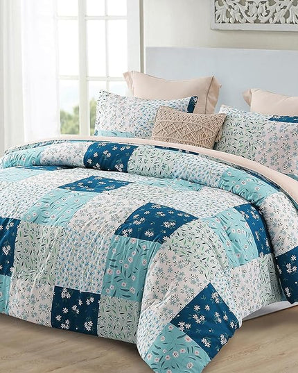 Whale Flotilla King Comforter Set, Soft Reversible Blue Bedding Comforter Set with Boho Pattern, 1 Micoriber Patchwork Comforter and 2 Pillow Shams, 3 Pieces - LeafyLoom