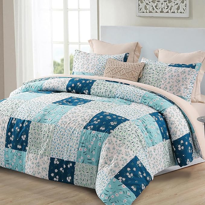 Whale Flotilla Queen Full Comforter Set, Soft Reversible Blue Bedding Comforter Set with Boho Pattern, 1 Micoriber Patchwork Comforter and 2 Pillow Shams, 3 Pieces - LeafyLoom