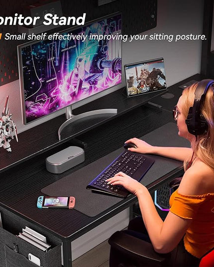 KKL 55 inch L Shaped Computer Desk with USB Charging Port & Power Outlet, L-Shaped Corner Desk with 4 Tier Drawer & Monitor Shelf for Home Office Workstation, Modern Style Writing Table, Black - LeafyLoom