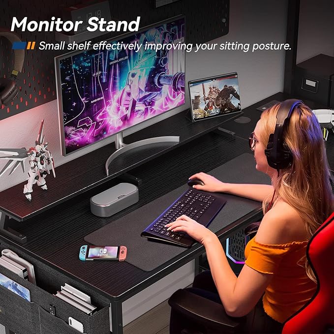 KKL 55 inch L Shaped Computer Desk with USB Charging Port & Power Outlet, L-Shaped Corner Desk with 4 Tier Drawer & Monitor Shelf for Home Office Workstation, Modern Style Writing Table, Black - LeafyLoom