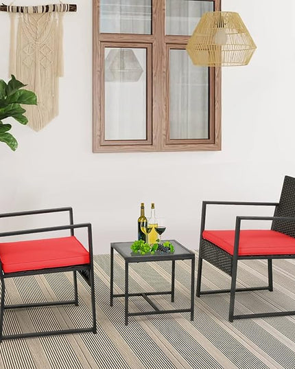 FDW Patio Furniture Sets 3 Piece Outdoor Bistro Set Wicker Patio Chairs Rattan Outdoor Furniture for Backyard Porch Poolside Lawn,Red Cushion - LeafyLoom