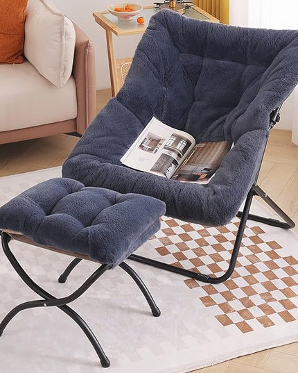 Tiita Saucer Chair with Ottoman, Soft Faux Fur Oversized Folding Accent Chair,Lounge Lazy Chair, Metal Frame Moon Chair for Bedroom, Living Room, Dorm Rooms, Garden and Courtyard - LeafyLoom