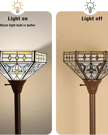 Capulina Tiffany Torchiere Floor Lamp 70 Inches Tall Industrial Dark Bronze Pole Mission Hexagon Virgin Style Stained Glass Torch Standing Light Decor for Living Room Bedroom Home Office - LeafyLoom