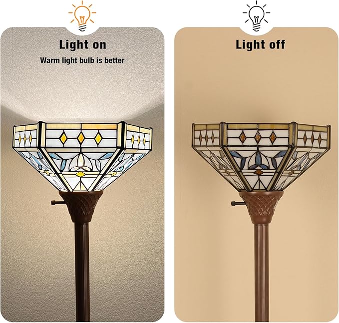Capulina Tiffany Torchiere Floor Lamp 70 Inches Tall Industrial Dark Bronze Pole Mission Hexagon Virgin Style Stained Glass Torch Standing Light Decor for Living Room Bedroom Home Office - LeafyLoom