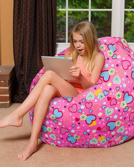 Posh Creations Bean Bag Chair for Kids, Teens, and Adults Includes Removable and Machine Washable Cover, Canvas Multi-Colored Hearts on Pink, 48in - X-Large - LeafyLoom